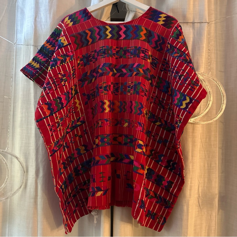Vintage Red and White Pinstriped Embroidered Cotton Guatemalan Huipil Tunic